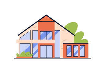Suburban cottage, country house exterior and green trees, neighborhood home vector illustration