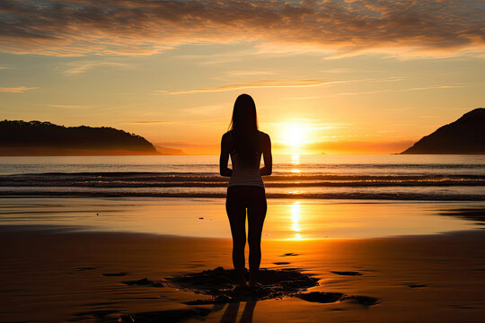 Silhouette of a woman standing on the beach at sunset evoking tranquility and meditation in a serene natural setting suitable for travel wellness and leisure industry