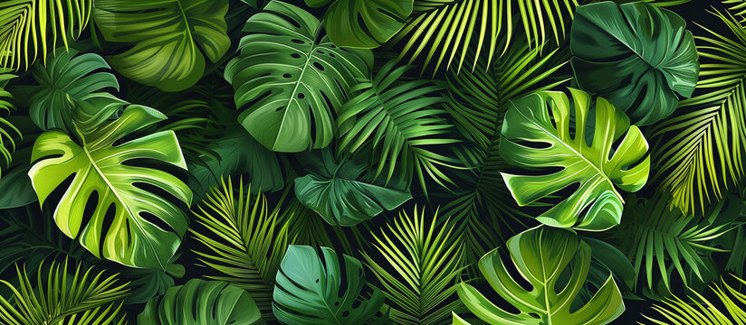 Abstract foliage and botanical background. Green tropical forest wallpaper of monstera leaves, palm leaves, branches, hand drawn.