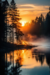Fototapeta na wymiar Serene lake at sunset with tranquil water reflecting the trees ideal for nature themes and outdoor inspiration