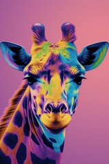 A giraffe's face displaying a mix of vibrant colors and an expressive look against a gradient backdrop