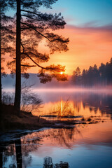 Sunset over a tranquil lake with reflections and mist capturing serenity and scenic beauty suitable for nature-themed backgrounds and environmental concepts