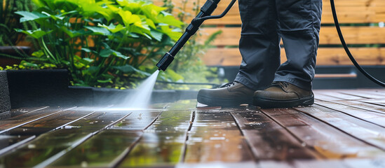 A man using pressure washer to clean patio decking - obrazy, fototapety, plakaty