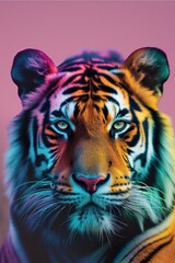 Vivid and eye-catching color-splashed digital portrait of a tiger's face on a gradient background