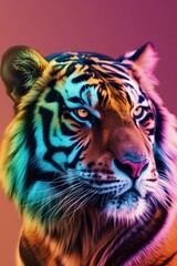 A mesmerizing artistic rendition of a tiger accented with neon colors on a warm gradient background