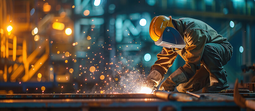 A welding specialist repairs metal structures at an offshore oil plant.