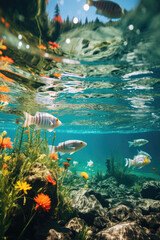Fototapeta na wymiar Underwater ecosystem with swimming fish clear blue water vibrant colors and serene atmosphere for wildlife appreciation and conservation usage