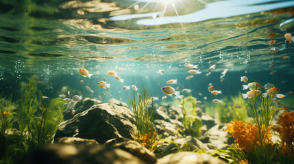 Underwater scene with sunlight and fish promoting relaxation and nature conservation