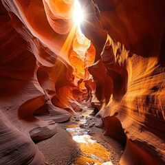 Sunlit Antelope Canyon as vibrant travel destination, with serene atmosphere and glowing sandstone walls ideal for tourism and hiking ads