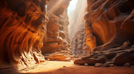 Sunlight filtering through a serene slot canyon indicating adventure travel and natural beauty ideal for tourism and hiking guides - obrazy, fototapety, plakaty