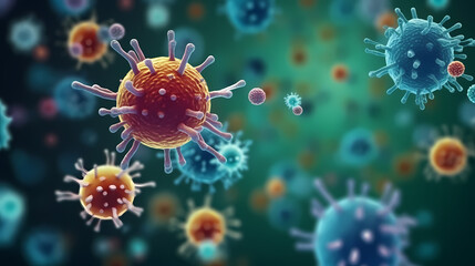 Various shapes of bacteria, probiotics under microscope, science, medicine concept background