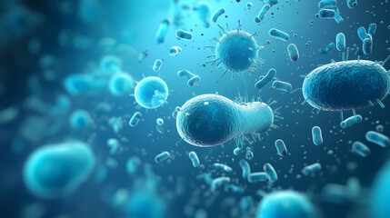 Various shapes of bacteria, probiotics under microscope, science, medicine concept background