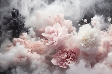 Gentle pink flowers partially obscured by a cloudy mist, offering an air of mystery