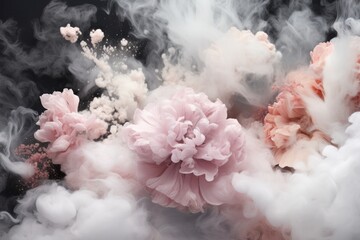 Stunning visual composition of pink flowers surrounded by a mysterious smoky haze, creating a dream-like atmosphere