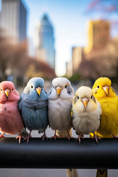 Colorful parakeets perched amidst urban skyline showcasing harmony in diversity perfect for wildlife and city life themes