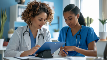 two female healthcare professionals are looking at a tablet