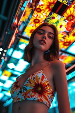 Chic woman in a floral top posing in a vibrant neon lit background
