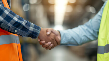 two people are engaged in a handshake, one wearing a safety vest and the other in a blue shirt