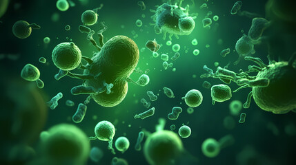 Various shapes of bacteria, probiotics under microscope, science, medicine concept background