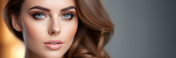 Fototapeta premium Beautiful face of young caucasian girl with natural make-up, perfect skin and blue eyes isolated. Studio portrait. Portrait of beautiful young brunette woman with smooth skin isolated on dark