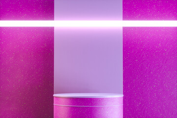 pink 3d render cylinder podium stand with white neon light