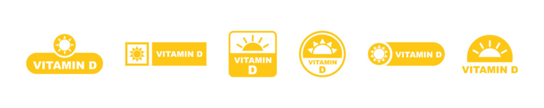 Set of vector icons with yellow vitamin D. Sun and vitamin D. Vector 10 EPS.