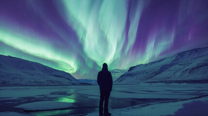 A lone observer taking in the spectacle of the Northern Lights