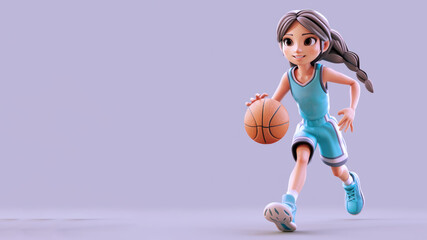 A cartoon basketball player in blue jersey isolated on gray background