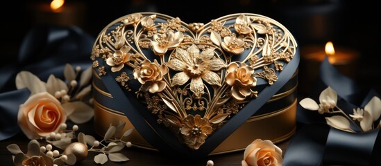 heart and rose shape gift box display in gold color on dark background