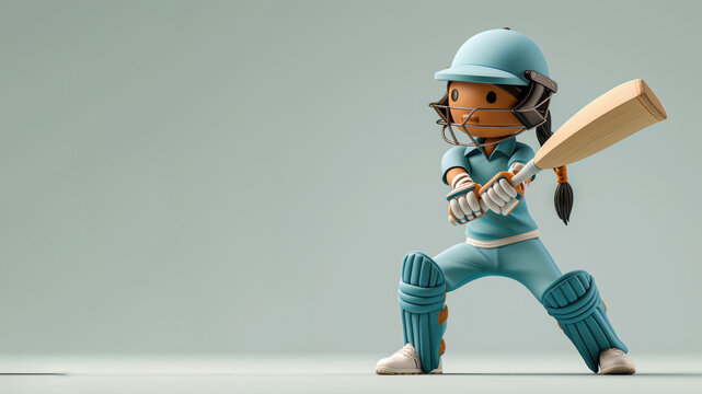 A cartoon cricket player in blue jersey isolated on gray background