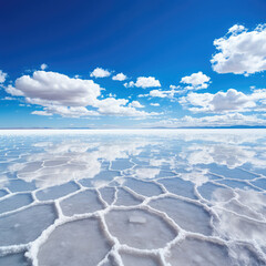 Fototapeta na wymiar Expansive salt flat under blue sky with cloud reflections ideal for travel and nature themes
