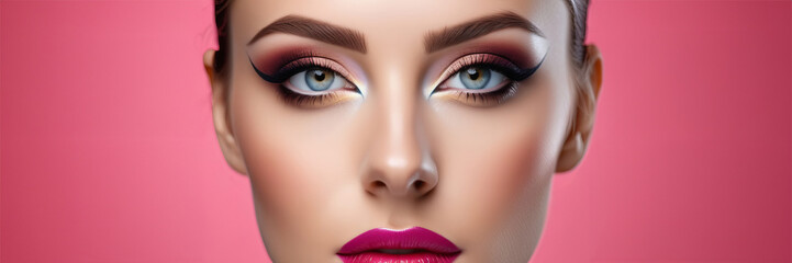 Obraz premium Close up view of female face with bright multicolored fashion makeup on pink background. Holi indian color festival inspired. Studio macro shot. Copy space