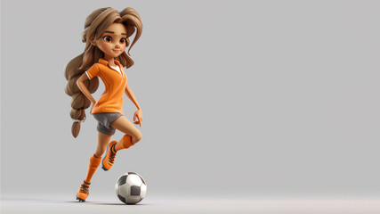 A cartoon soccer player in orange jersey isolated on gray background