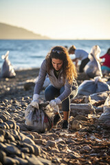 Young woman volunteering for beach cleanup on a sunny day highlighting community engagement and environmental conservation