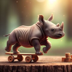 Obraz premium Baby rhinoceros riding a skateboard. 