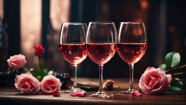 Glass of wine with rose for romantic atmosphere