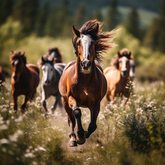 Herd of galloping horses capturing freedom and power in nature for equine industry advertising