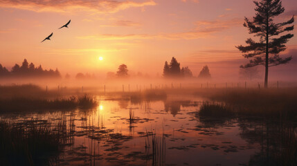 Serene sunset over wetlands with birds enhancing a tranquil and idyllic mood suitable for nature connected themes, environmental industries and art - Powered by Adobe