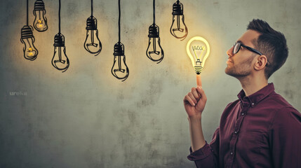 young man in glasses looking upwards and pointing at a series of illustrated light bulbs above him, with one particularly bright and illuminated, symbolizing a bright idea or inspiration