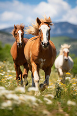 Fototapeta premium Galloping horses in a blooming meadow representing freedom and beauty in nature perfect for equine industries or outdoor adventure themes