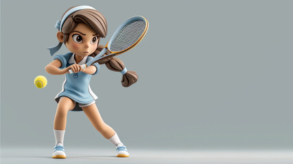 A cartoon tennis player in blue jersey isolated on gray background