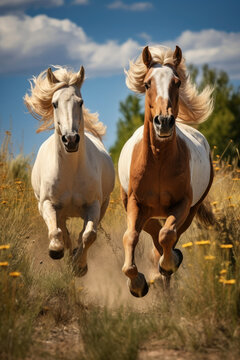 Two galloping horses in nature depict freedom and power ideal for equestrian and wildlife themes