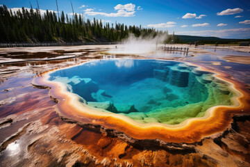 Grand Prismatic Spring in Yellowstone vibrant colors and steam rising encapsulating the wonder of nature and a top tourist destination