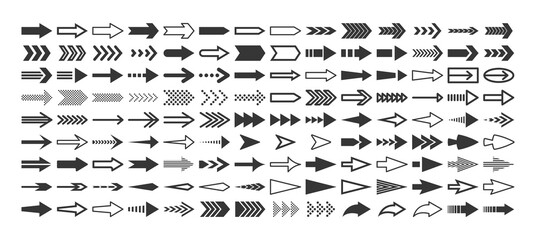 Set Of Monochrome Arrow Symbols, Offering Directional Cues, Includes Straight, Curved, And Angled Designs