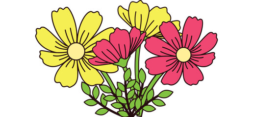 Spring yellow and pink flowers with leaves, daisies, gerberas - Easter vector graphics, summer decoration - ideal design for greeting cards, sublimation and cricut
