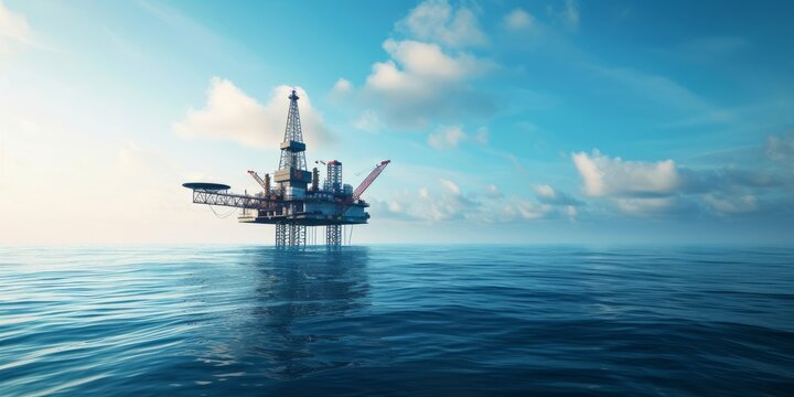Offshore oil rig, drilling rig, jack up rig, oil platform at the sea during sunset.
