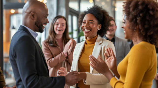 group of smiling professionals is seen celebrating or welcoming a colleague with applause in a bright, modern office environment