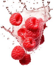 a group of raspberries splashing into water - obrazy, fototapety, plakaty