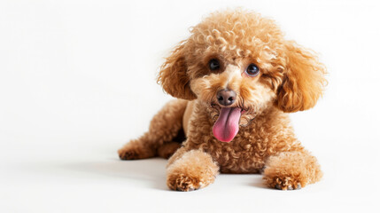 adorable tan poodle with a fluffy coat sitting and looking to the side with its tongue out
