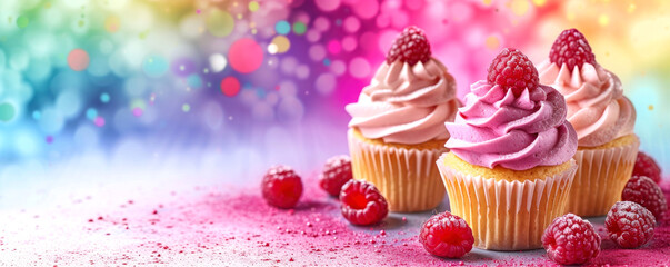 Delicious, sweet rainbow cupcakes with raspberry cream next to fresh raspberries on a rainbow...